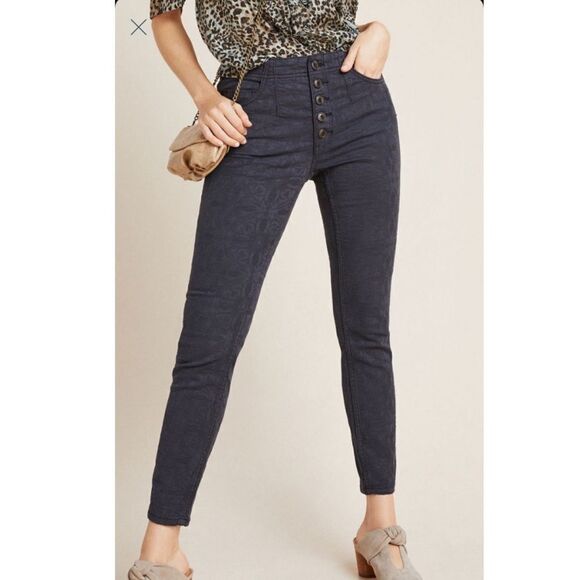 Pilcro & The Letterpress | Anthro Grey/Blue Patterned High Waisted Skinny Pants - Picture 1 of 10